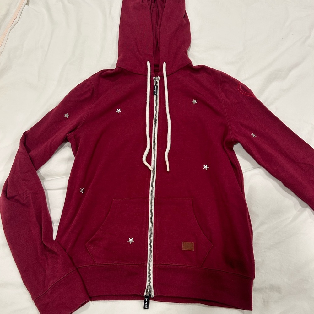 Peace love world - size small. Maroon zip up shirt